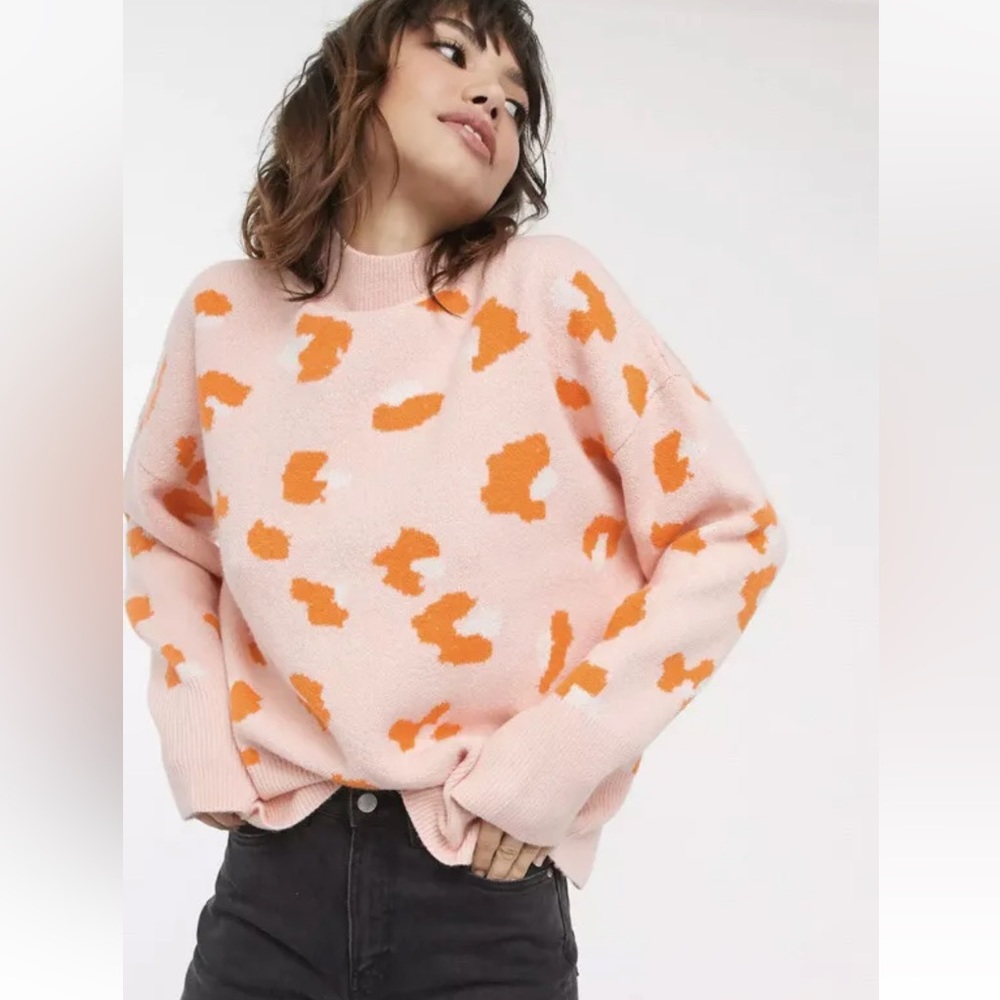 French Connection Womens Size XS Leopard High Neck Oversized Sweater Pink Orange